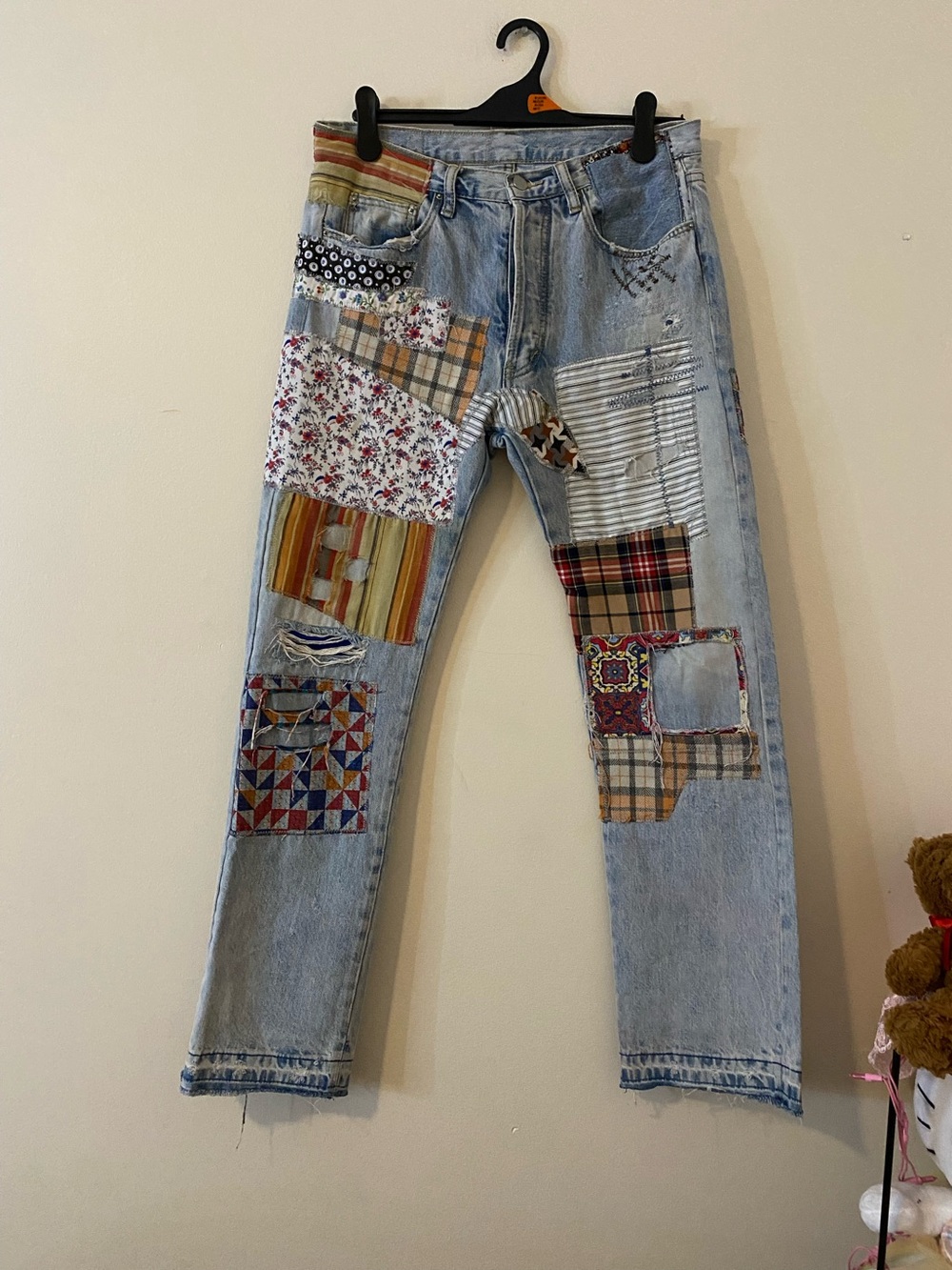 MNML Light Wash Patchwork Denim Jeans - Multicolor Fabric Patches 31